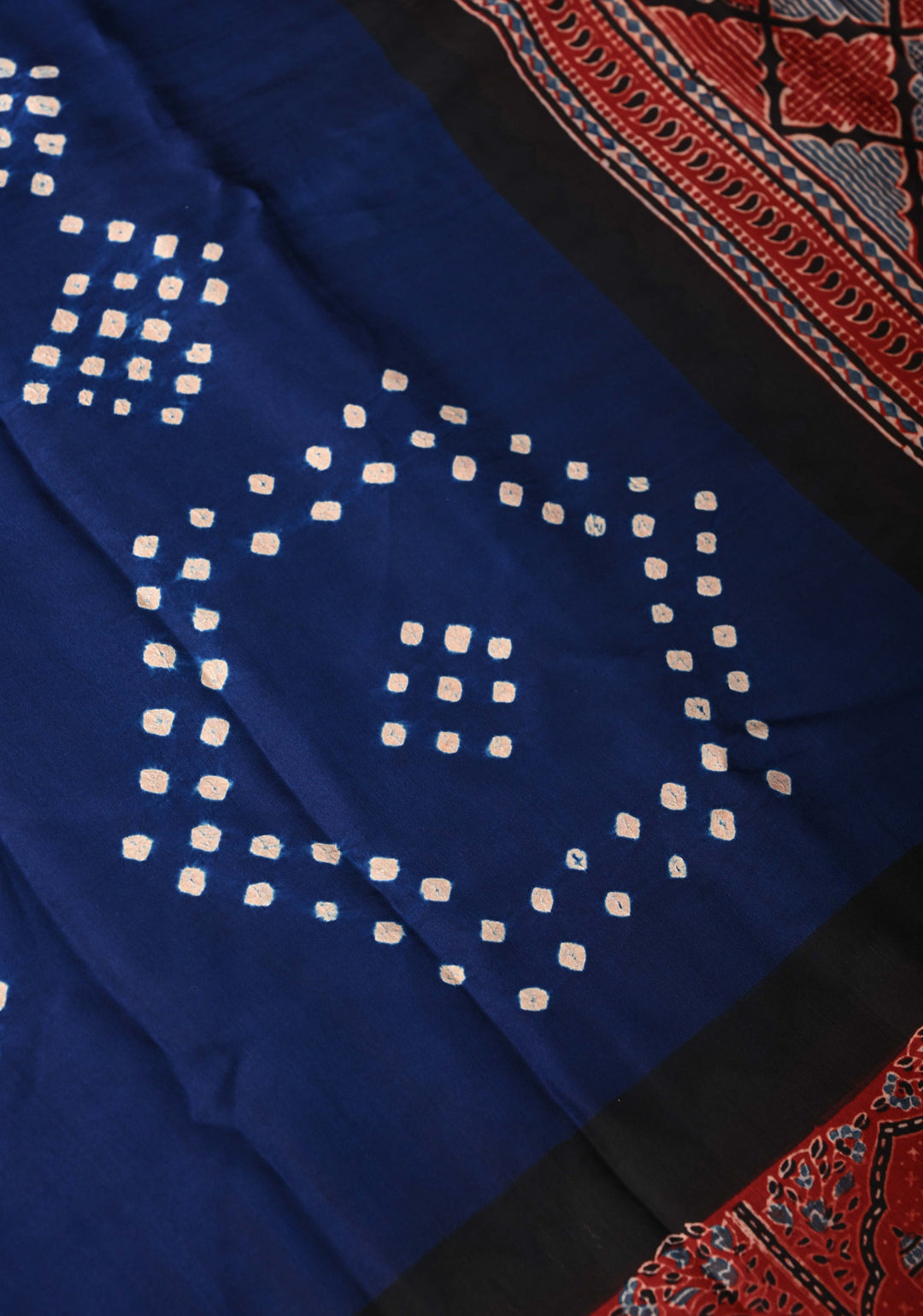 Modal Silk Saree with Sarkam Bandhej Ajrakh Fusion Saree in Dark Sapphire