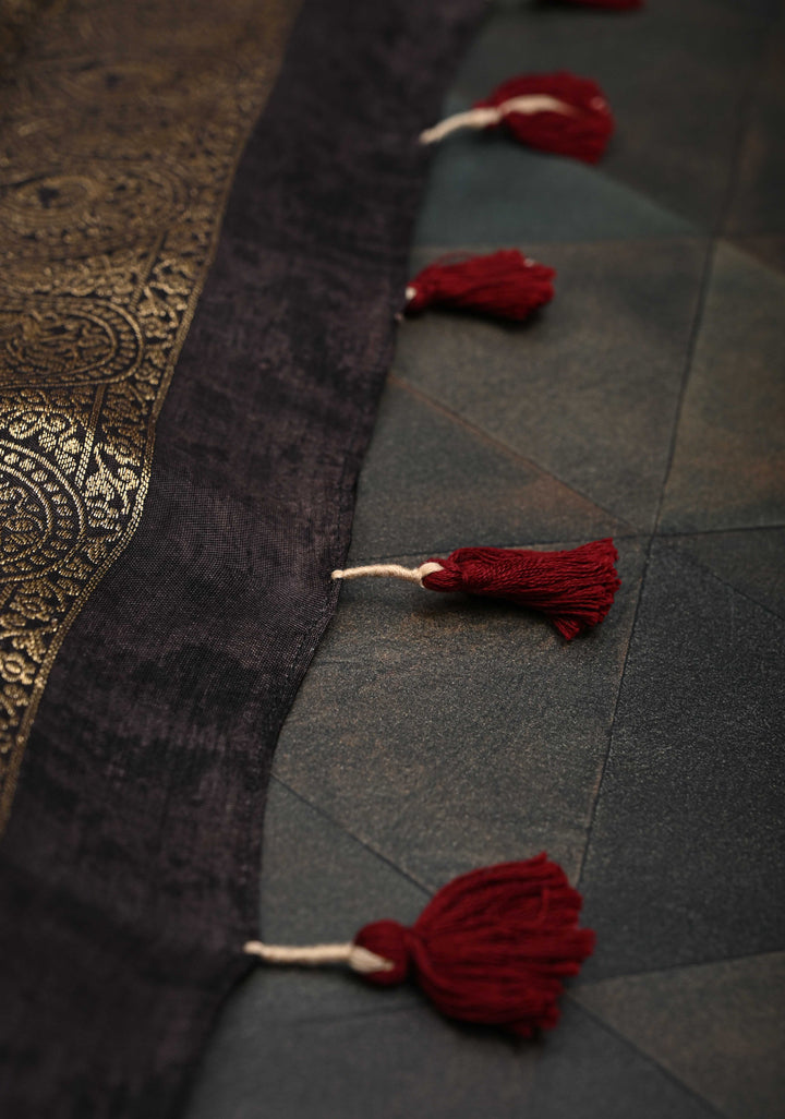 Beige Ajrakh Hand Block Print on Dola Silk Saree with Fancy Zari Border
