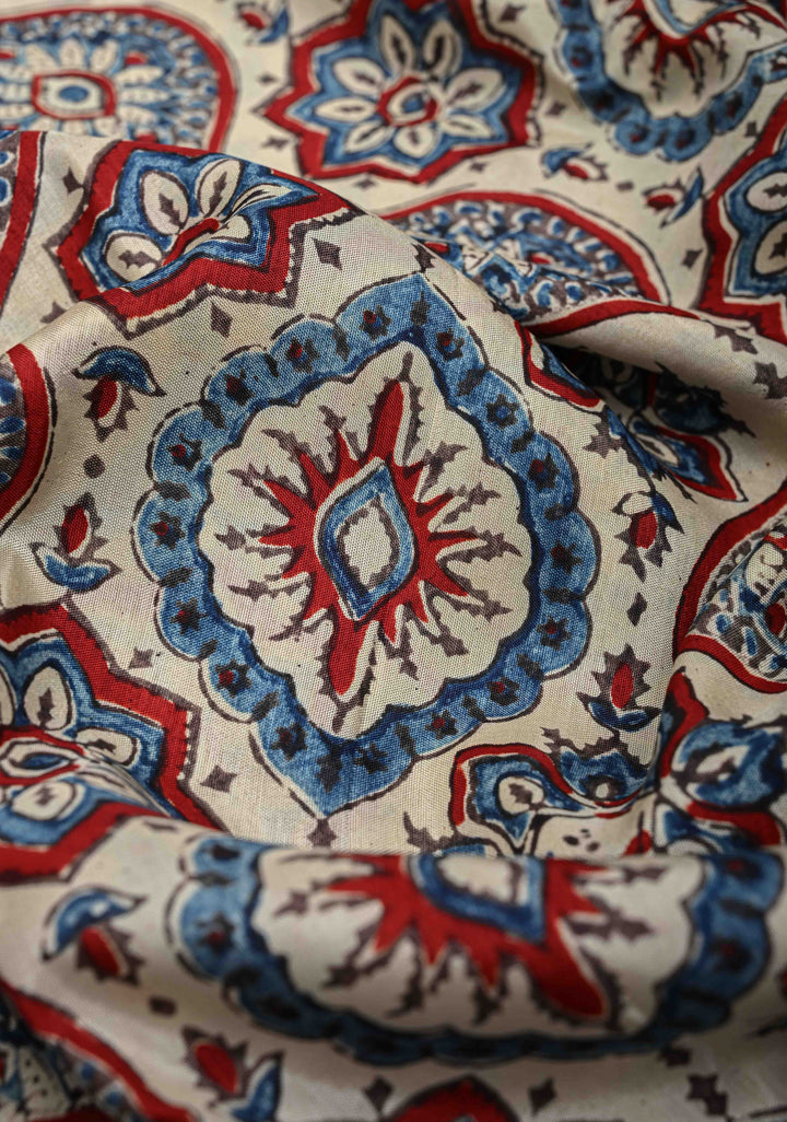 Beige Ajrakh Hand Block Print on Dola Silk Saree with Fancy Zari Border