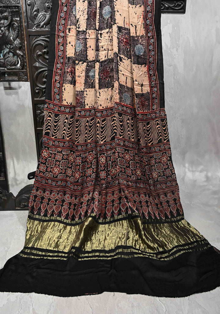 Black Modal Silk Saree with Ajrakh Hand Block Print and Crushed Pallu