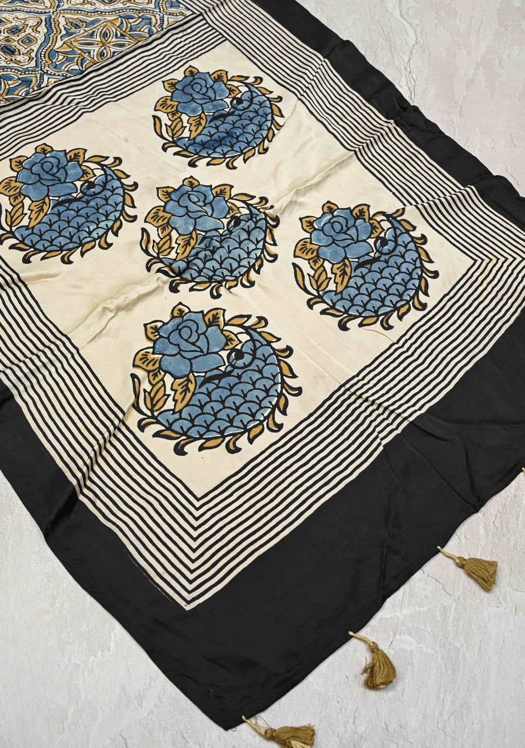 Off White Modal Silk Stole with Floral-Stripes Handblock Print and Tassels