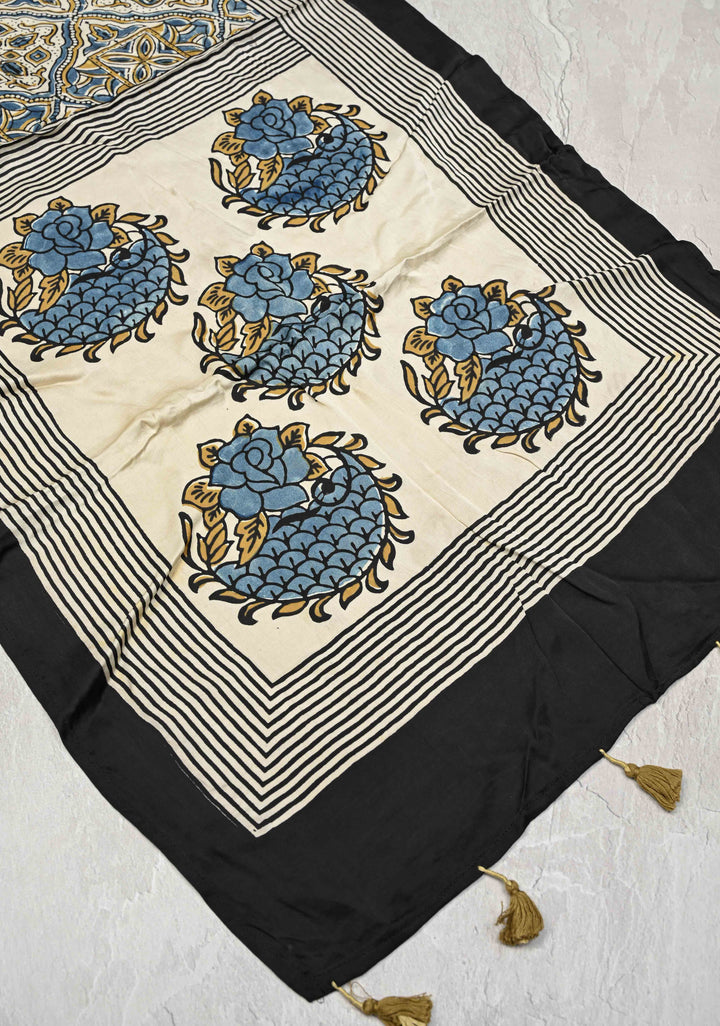 Off White Modal Silk Stole with Floral-Stripes Handblock Print and Tassels