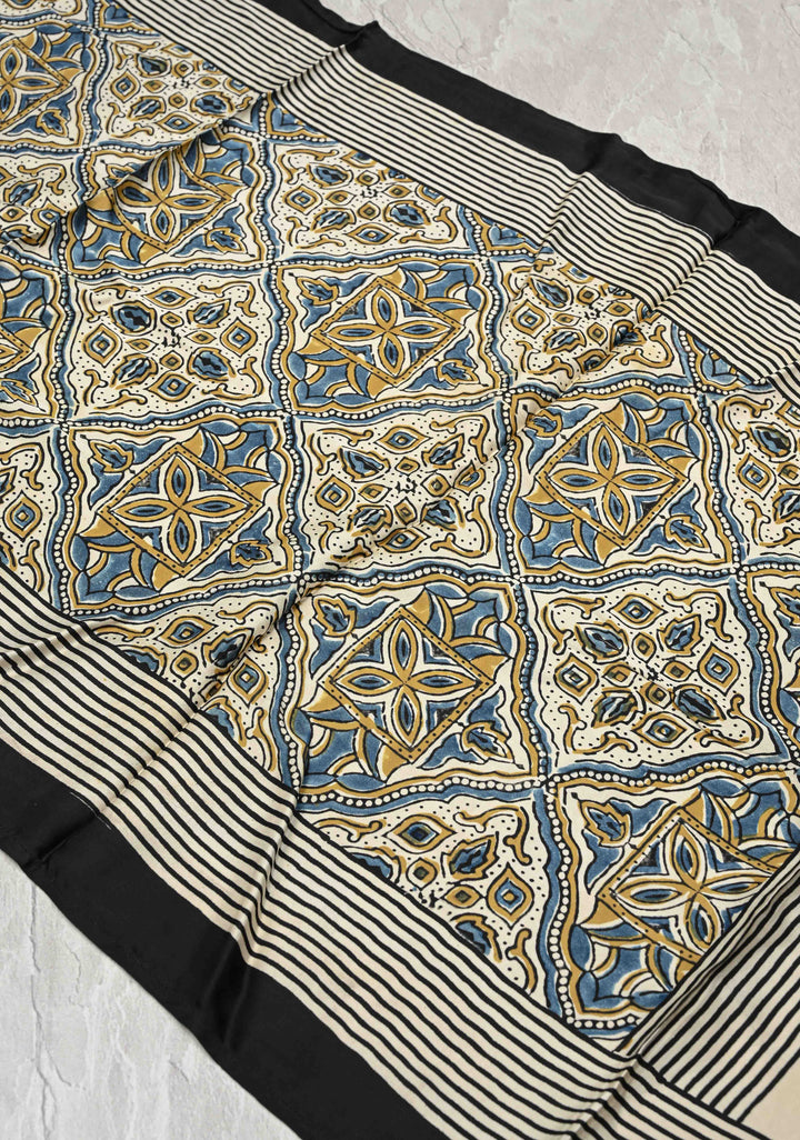 Off White Modal Silk Stole with Floral-Stripes Handblock Print and Tassels