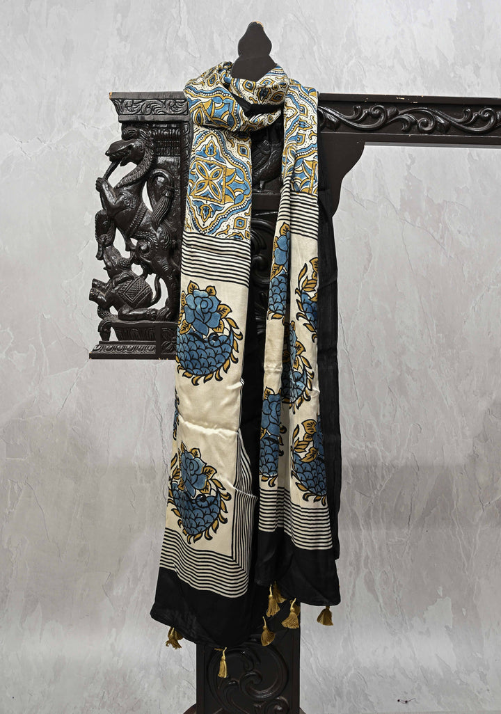 Off White Modal Silk Stole with Floral-Stripes Handblock Print and Tassels