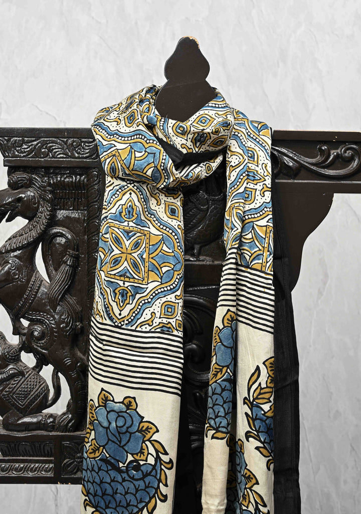 Off White Modal Silk Stole with Floral-Stripes Handblock Print and Tassels