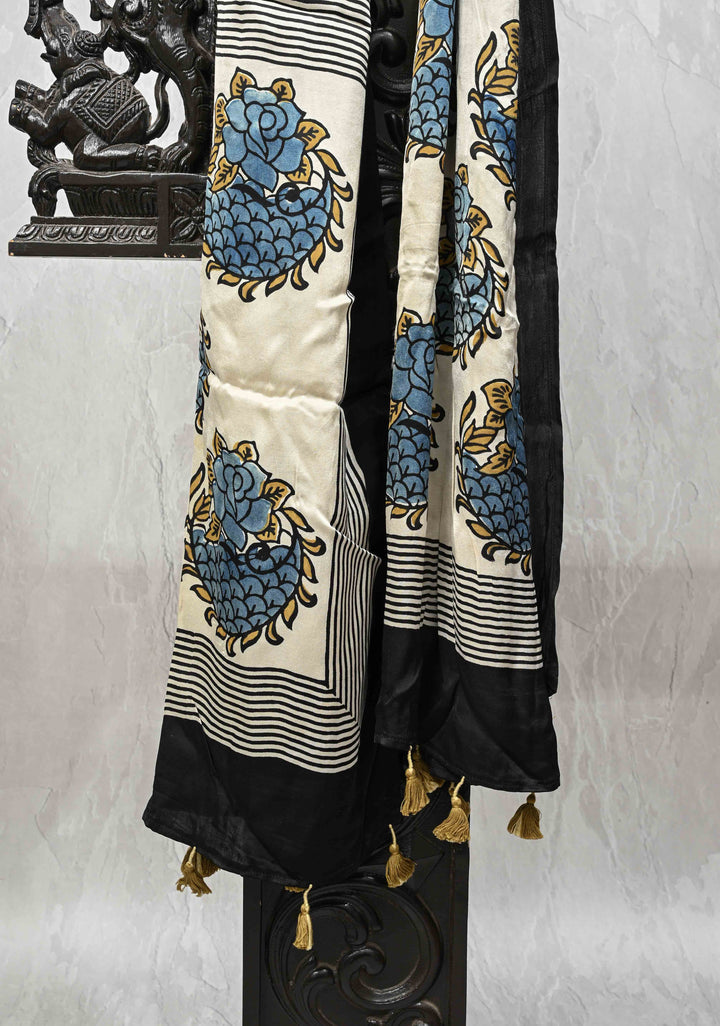 Off White Modal Silk Stole with Floral-Stripes Handblock Print and Tassels