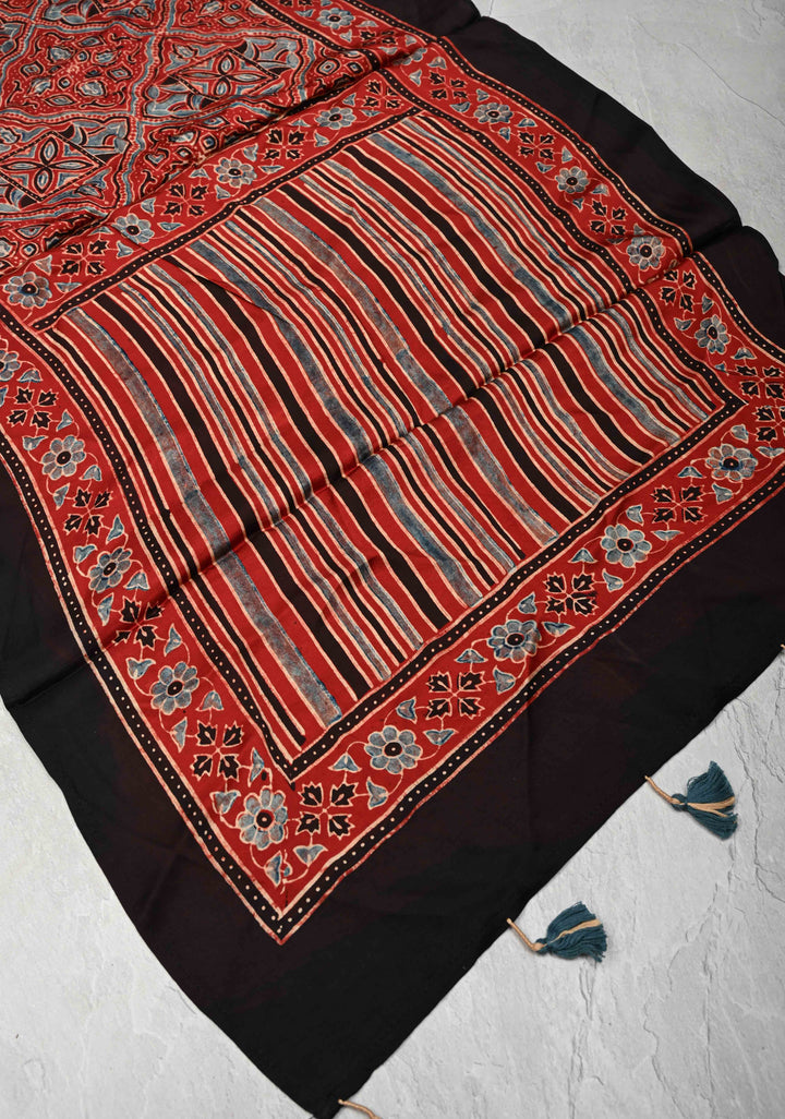 Brick Red Modal Silk Stole with Ajrakh Handblock Print and Tassels