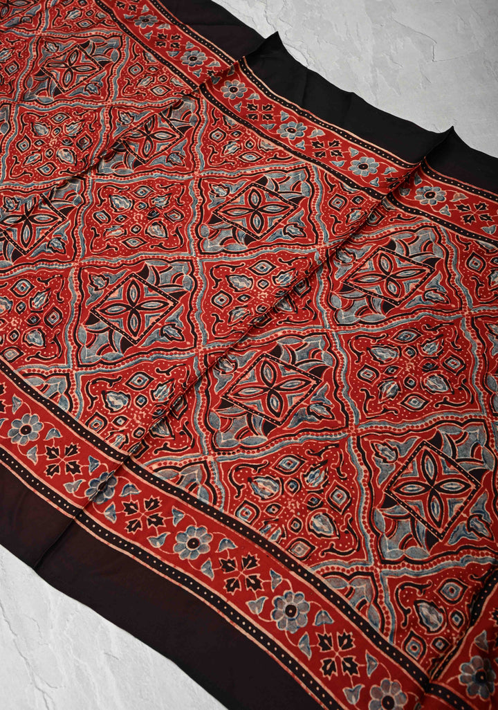 Brick Red Modal Silk Stole with Ajrakh Handblock Print and Tassels