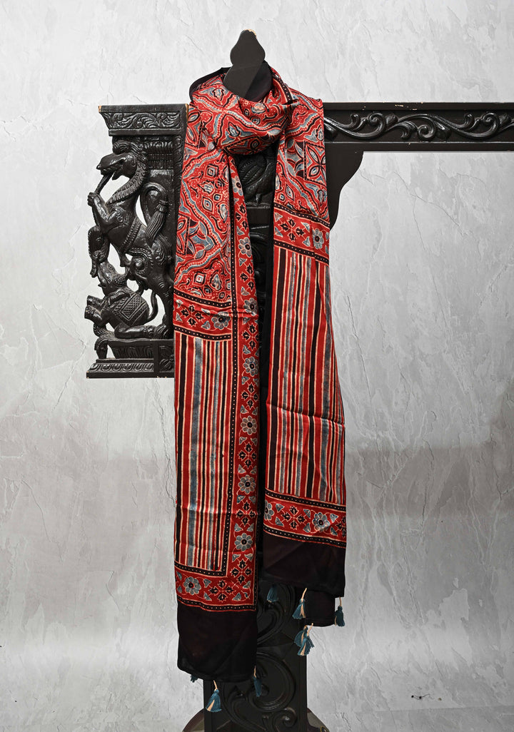 Brick Red Modal Silk Stole with Ajrakh Handblock Print and Tassels