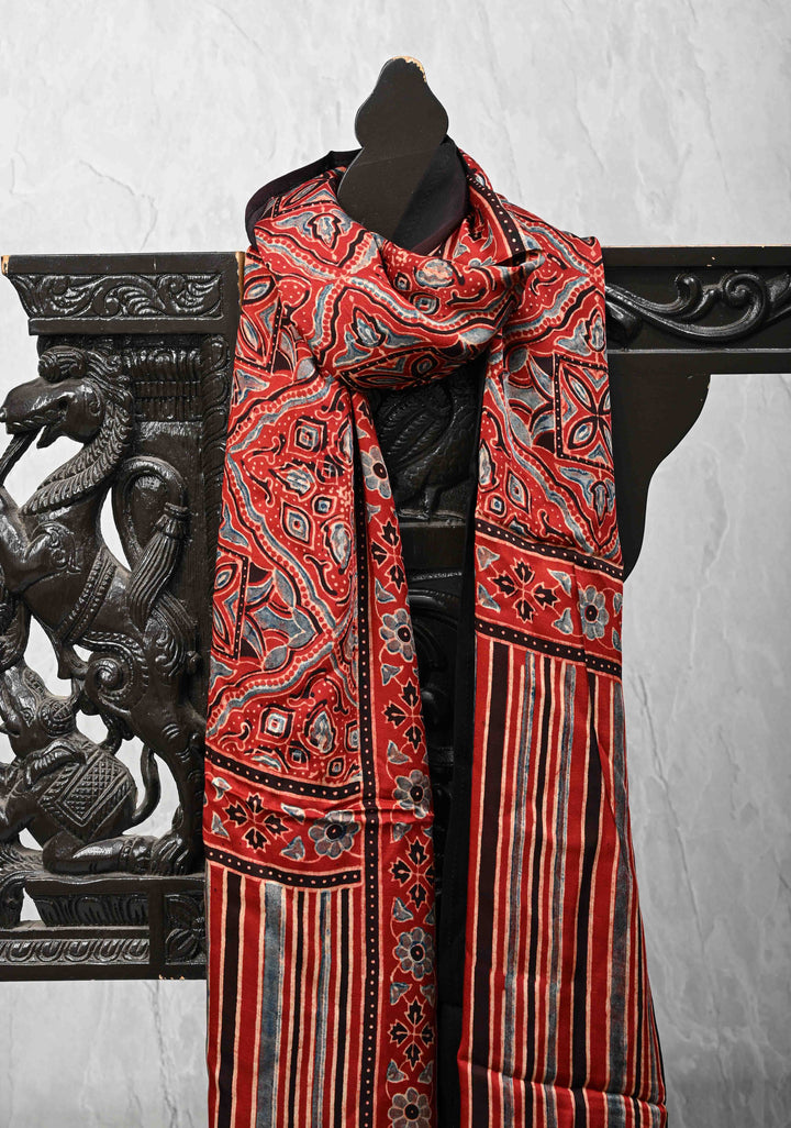 Brick Red Modal Silk Stole with Ajrakh Handblock Print and Tassels