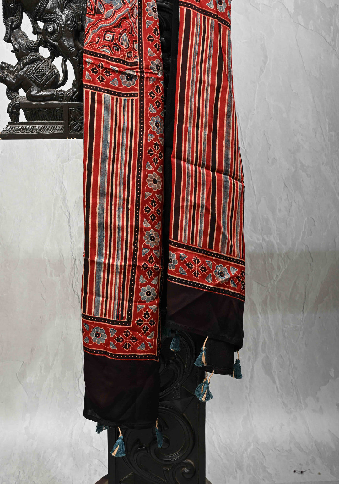 Brick Red Modal Silk Stole with Ajrakh Handblock Print and Tassels