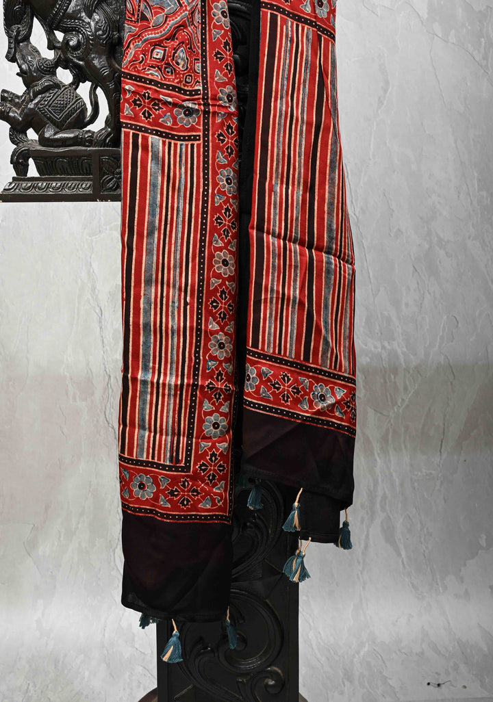 Brick Red Modal Silk Stole with Ajrakh Handblock Print and Tassels