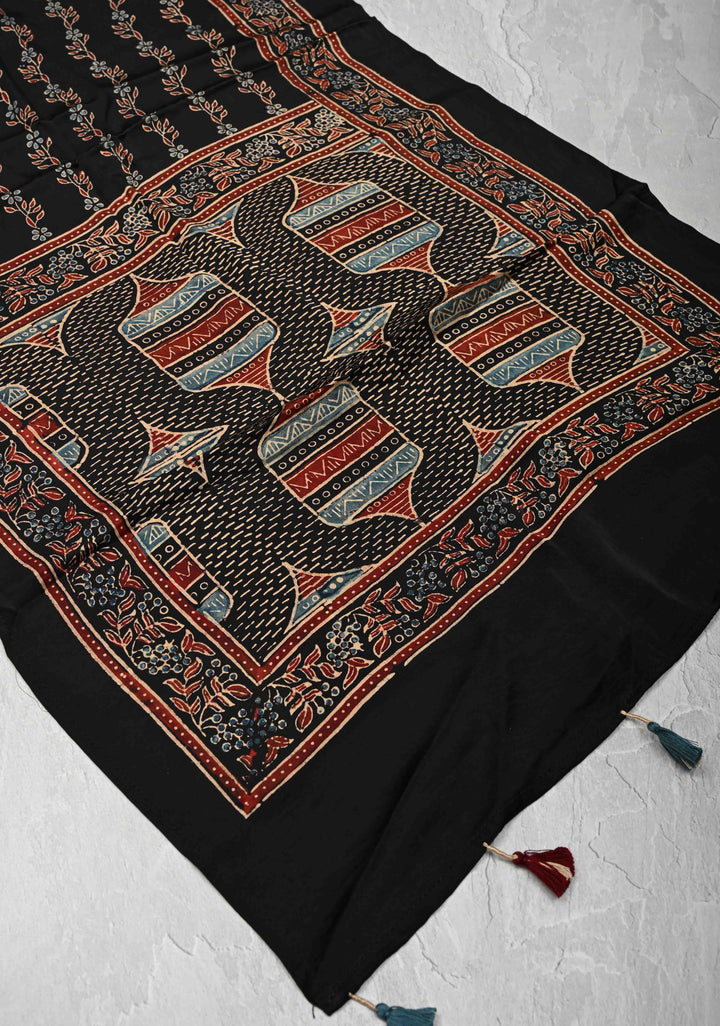 Black Modal Silk Stole with Floral Handblock Print and Tassels