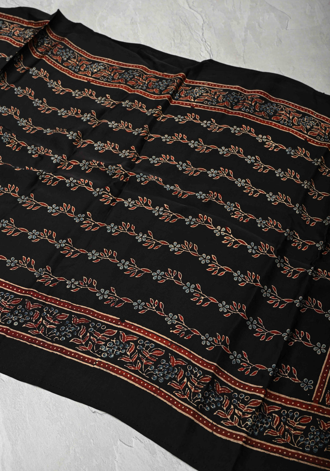 Black Modal Silk Stole with Floral Handblock Print and Tassels
