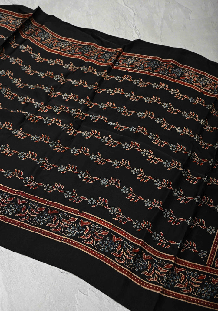Black Modal Silk Stole with Floral Handblock Print and Tassels