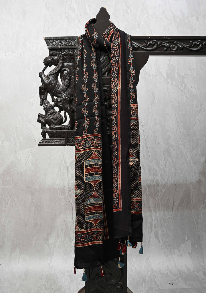 Black Modal Silk Stole with Floral Handblock Print and Tassels