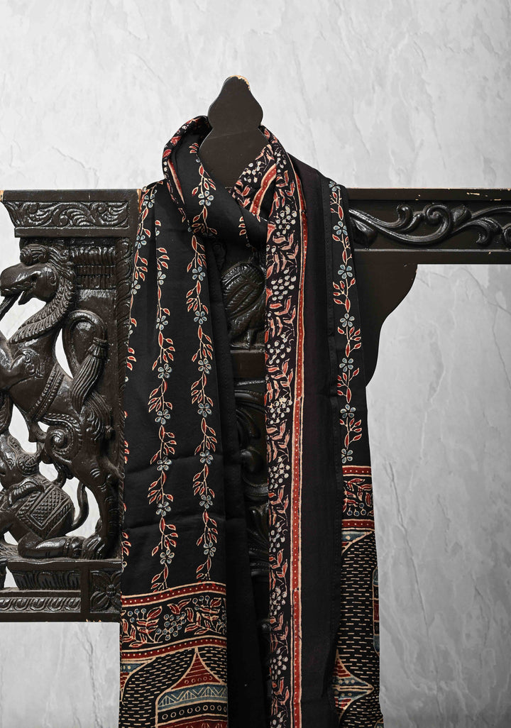Black Modal Silk Stole with Floral Handblock Print and Tassels