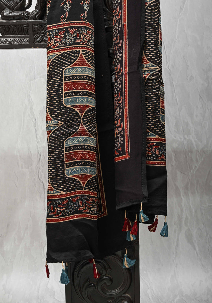 Black Modal Silk Stole with Floral Handblock Print and Tassels