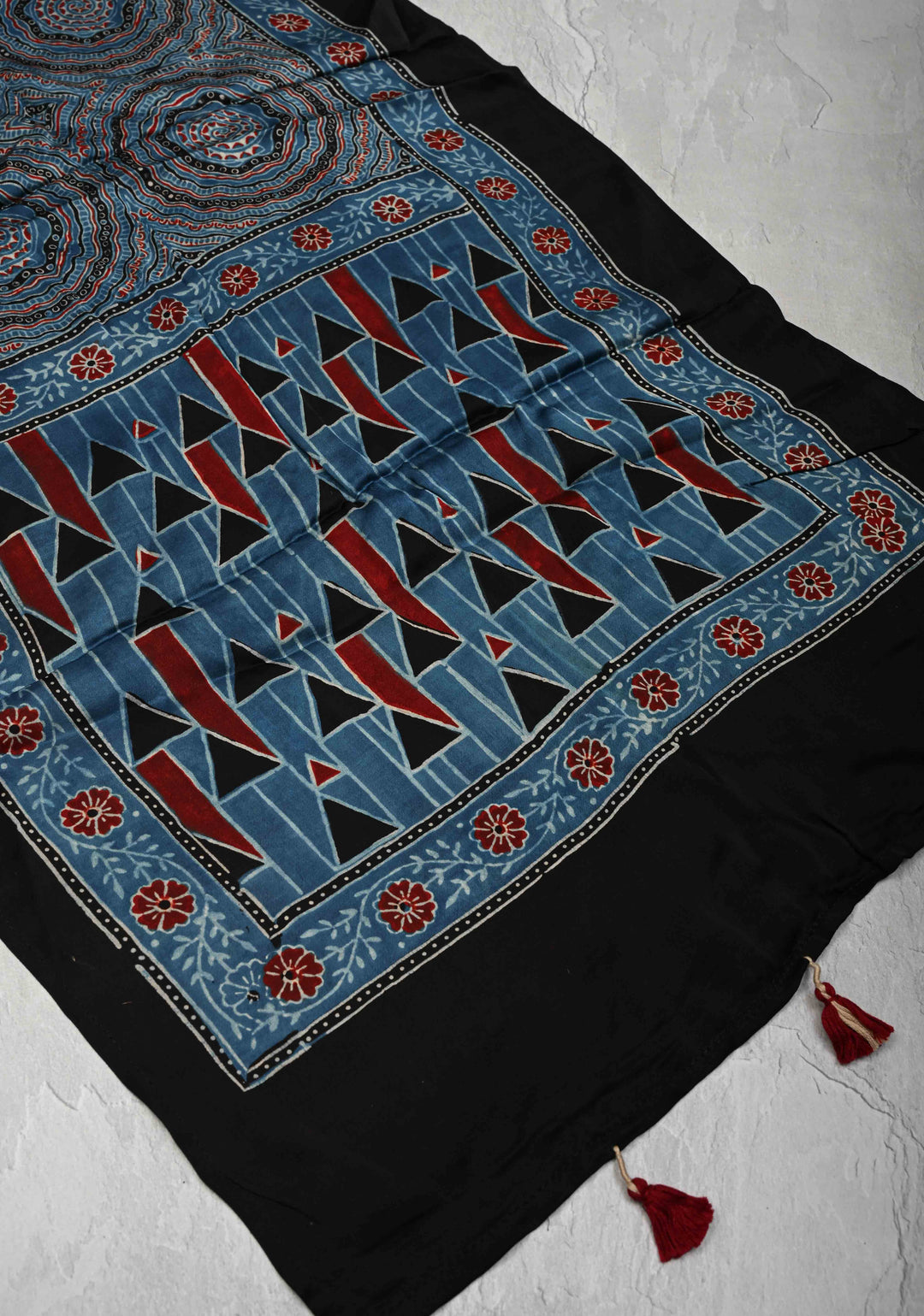 Indigo Modal Silk Stole with Ajrakh Mandal Handblock Print and Tassels