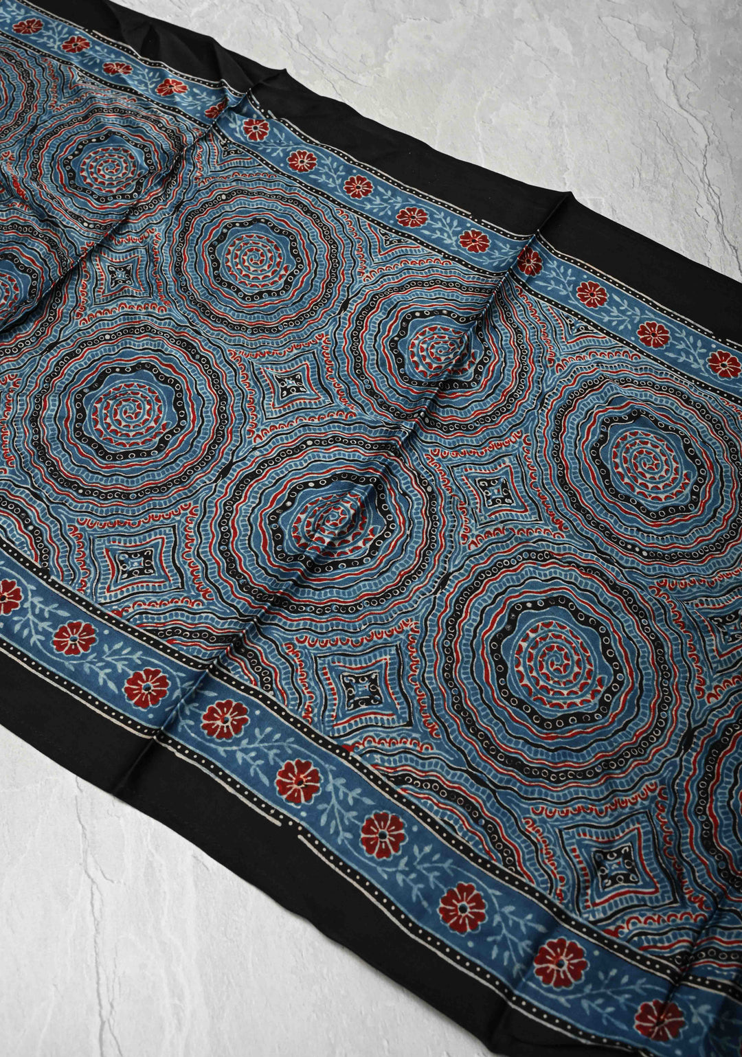 Indigo Modal Silk Stole with Ajrakh Mandal Handblock Print and Tassels