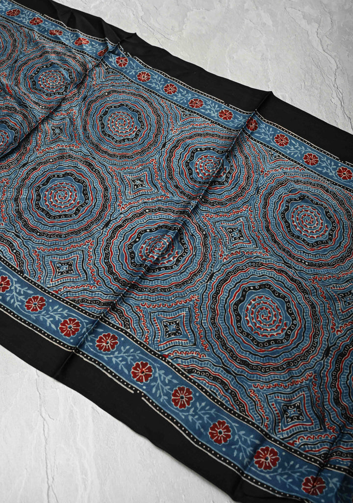 Indigo Modal Silk Stole with Ajrakh Mandal Handblock Print and Tassels