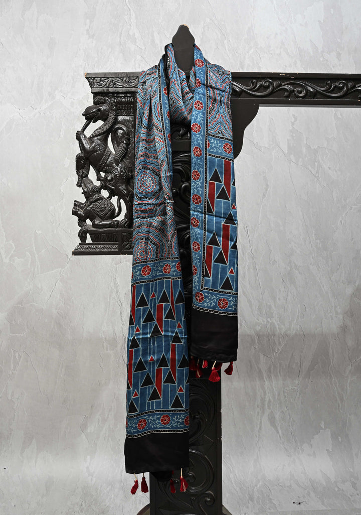 Indigo Modal Silk Stole with Ajrakh Mandal Handblock Print and Tassels
