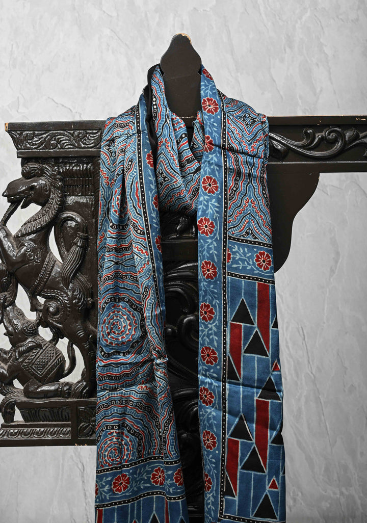 Indigo Modal Silk Stole with Ajrakh Mandal Handblock Print and Tassels