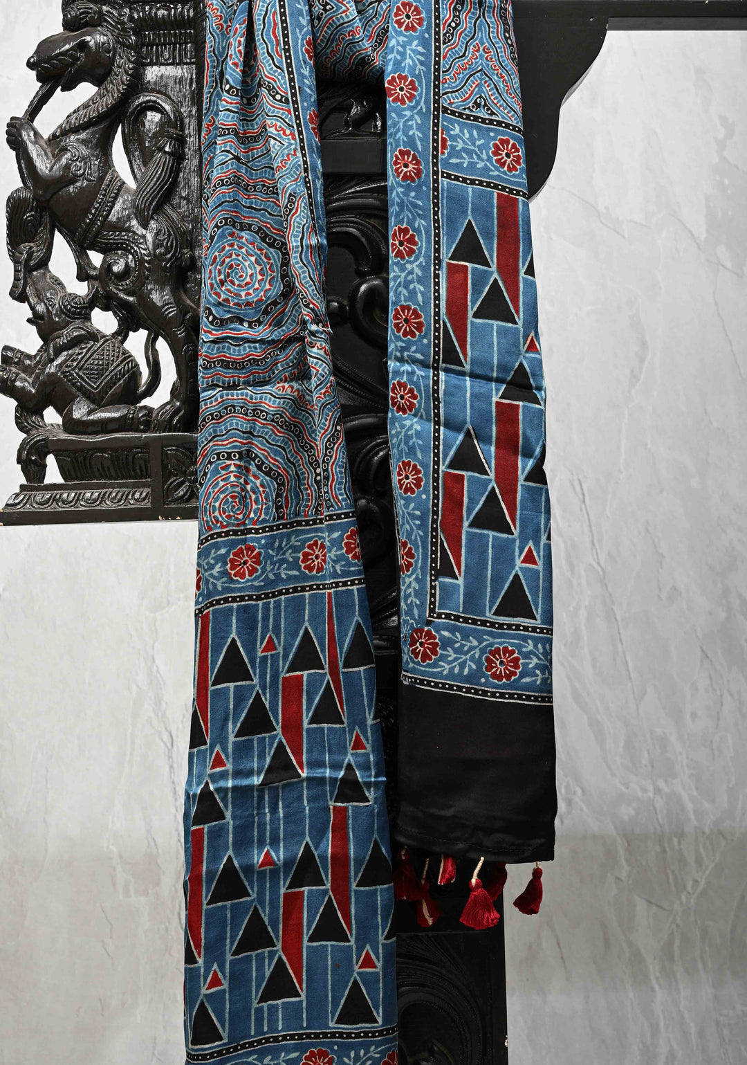 Indigo Modal Silk Stole with Ajrakh Mandal Handblock Print and Tassels