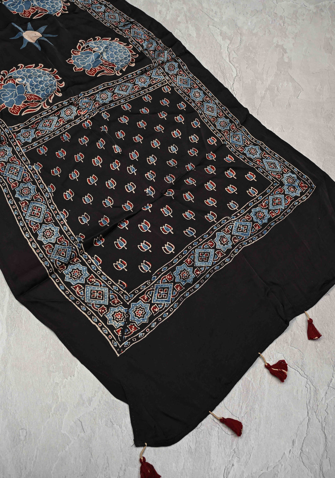 Black Modal Silk Stole with Ajrakh Lotus Handblock Print and Tassels