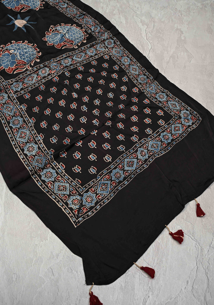 Black Modal Silk Stole with Ajrakh Lotus Handblock Print and Tassels
