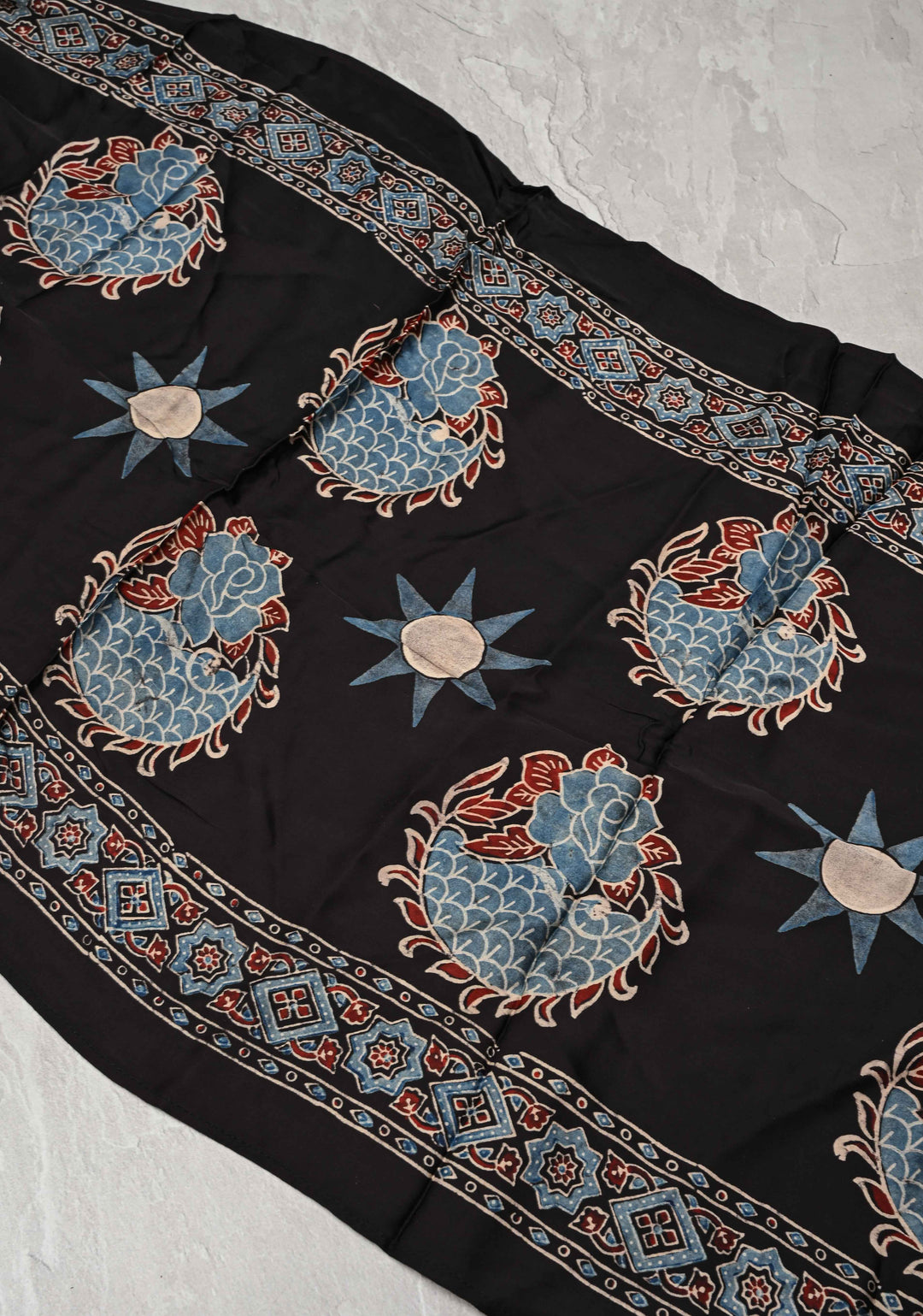 Black Modal Silk Stole with Ajrakh Lotus Handblock Print and Tassels