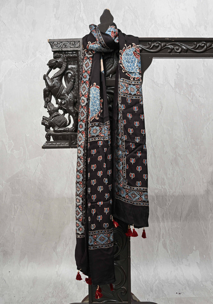 Black Modal Silk Stole with Ajrakh Lotus Handblock Print and Tassels