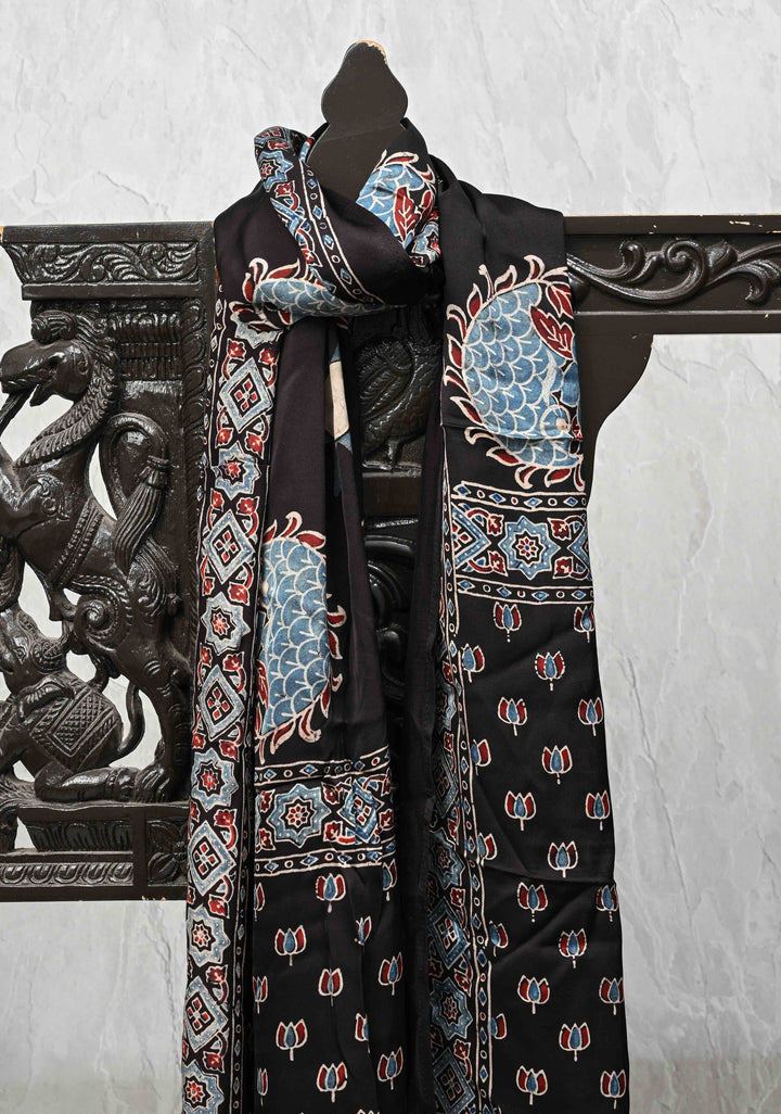 Black Modal Silk Stole with Ajrakh Lotus Handblock Print and Tassels