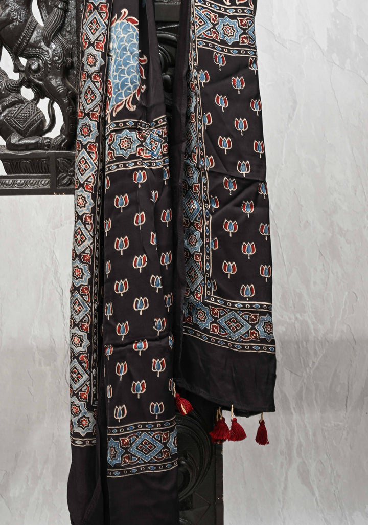 Black Modal Silk Stole with Ajrakh Lotus Handblock Print and Tassels