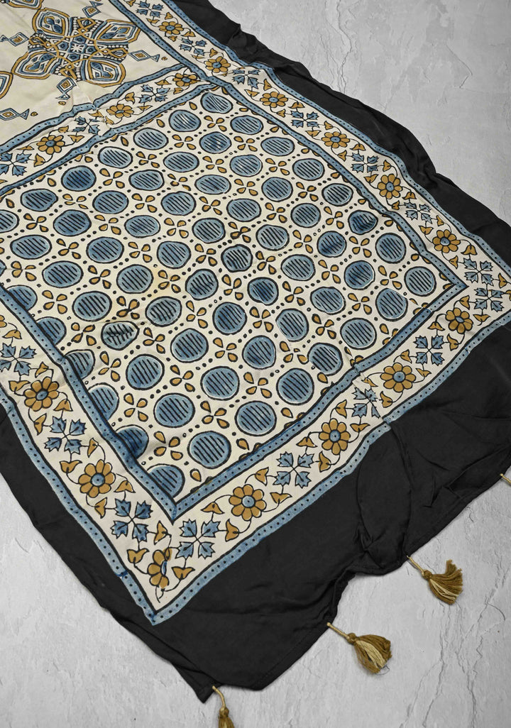Ivory Modal Silk Stole with Ajrakh Handblock Print and Tassels