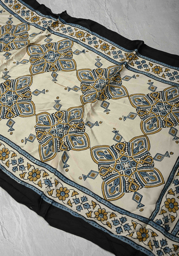 Ivory Modal Silk Stole with Ajrakh Handblock Print and Tassels