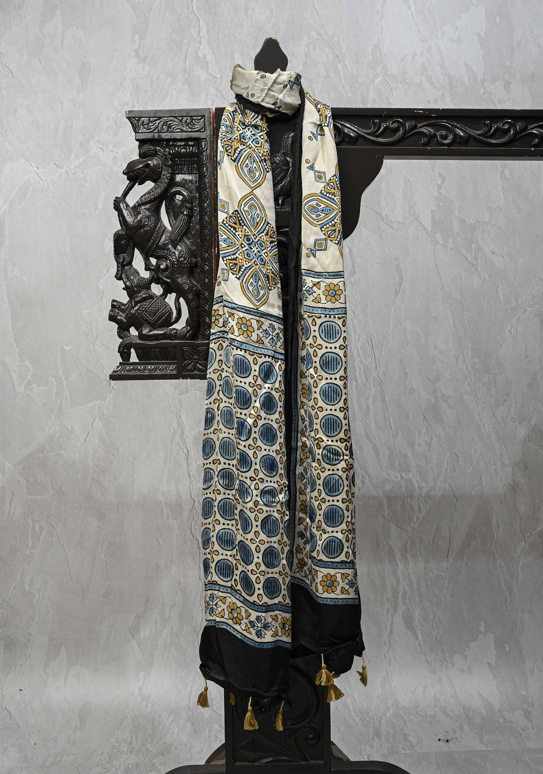 Ivory Modal Silk Stole with Ajrakh Handblock Print and Tassels