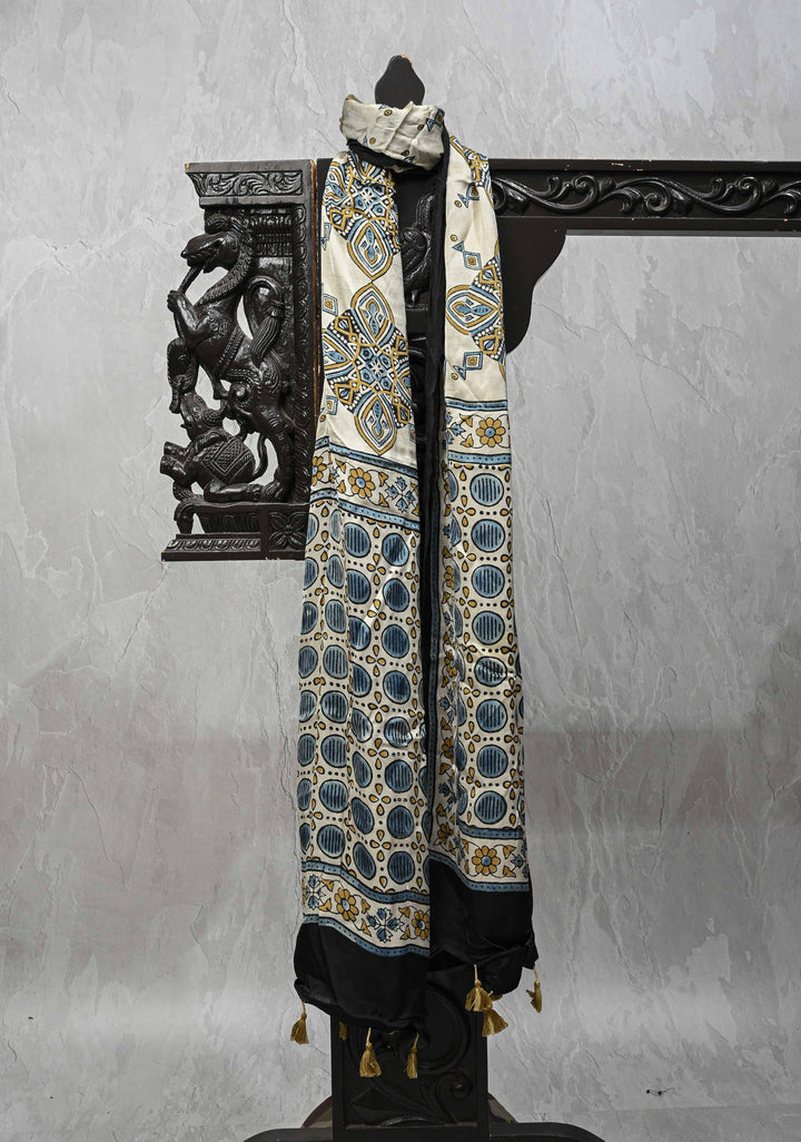 Ivory Modal Silk Stole with Ajrakh Handblock Print and Tassels