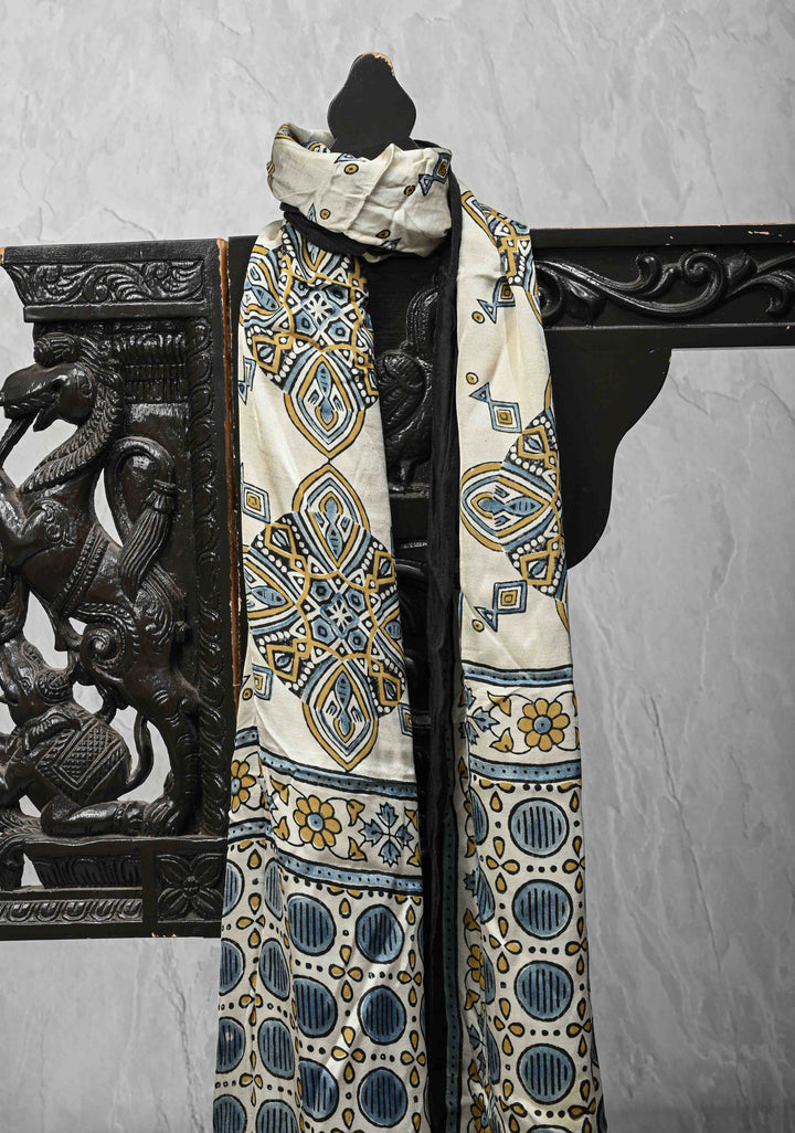 Ivory Modal Silk Stole with Ajrakh Handblock Print and Tassels