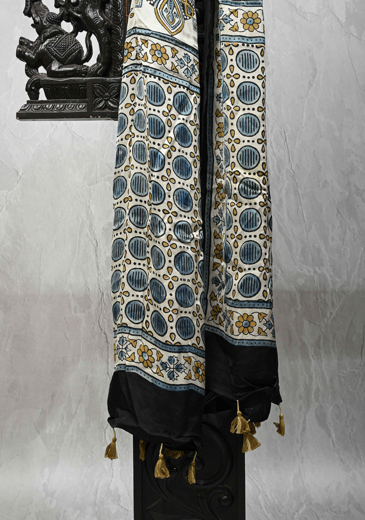 Ivory Modal Silk Stole with Ajrakh Handblock Print and Tassels