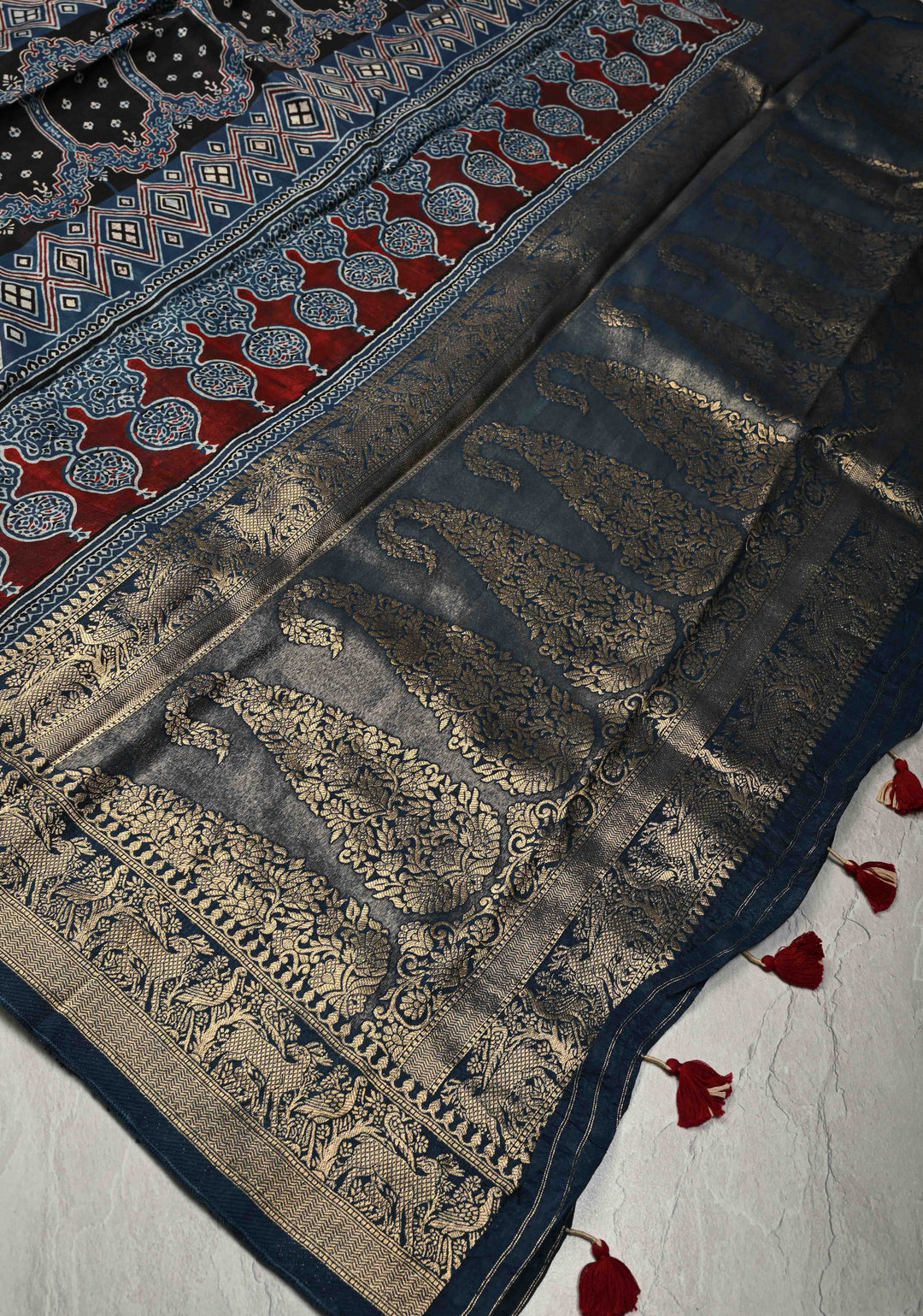 Indigo Ajrakh Hand Block Print on Dola Silk Saree with Fancy Zari Border