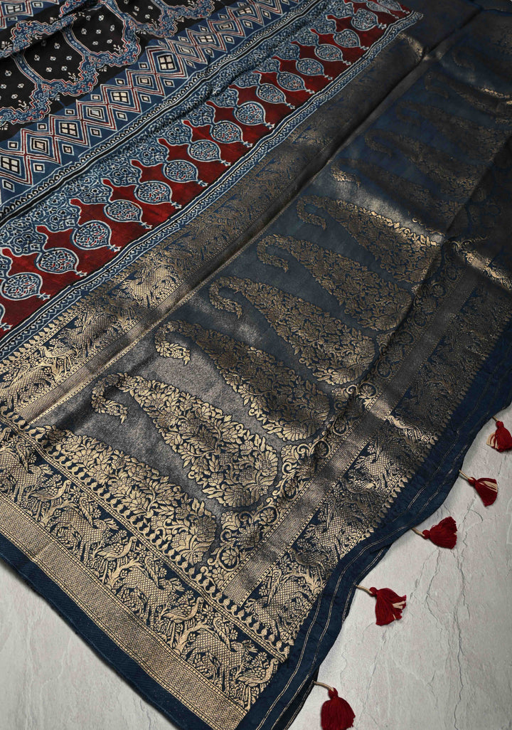 Indigo Ajrakh Hand Block Print on Dola Silk Saree with Fancy Zari Border