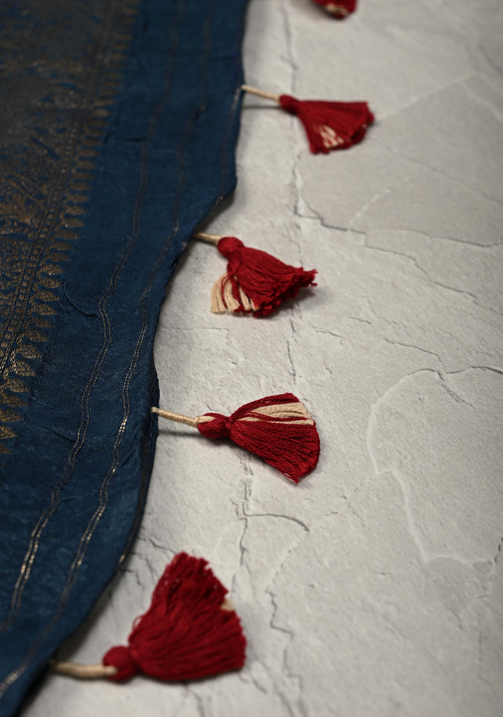 Indigo Ajrakh Hand Block Print on Dola Silk Saree with Fancy Zari Border