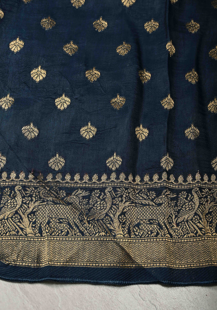 Indigo Ajrakh Hand Block Print on Dola Silk Saree with Fancy Zari Border