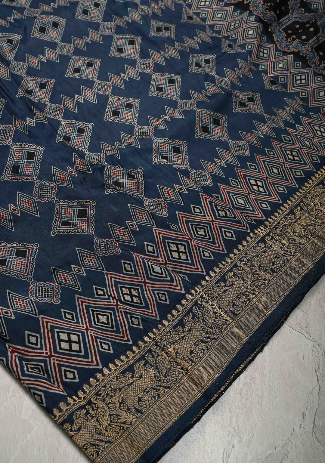 Indigo Ajrakh Hand Block Print on Dola Silk Saree with Fancy Zari Border