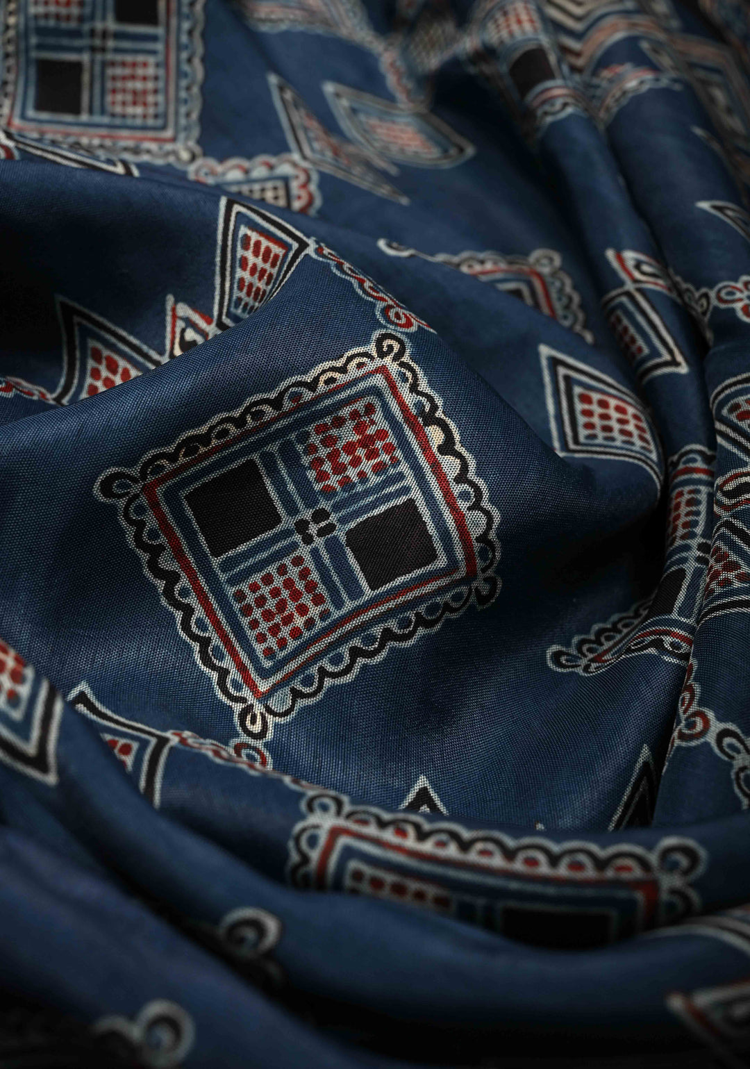 Indigo Ajrakh Hand Block Print on Dola Silk Saree with Fancy Zari Border
