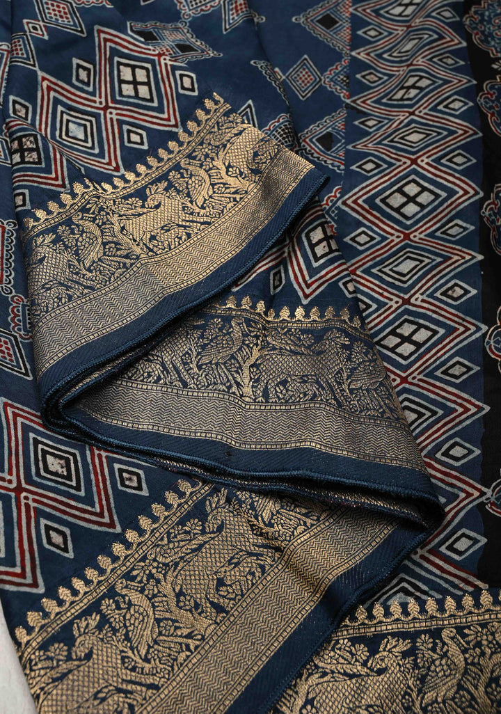 Indigo Ajrakh Hand Block Print on Dola Silk Saree with Fancy Zari Border