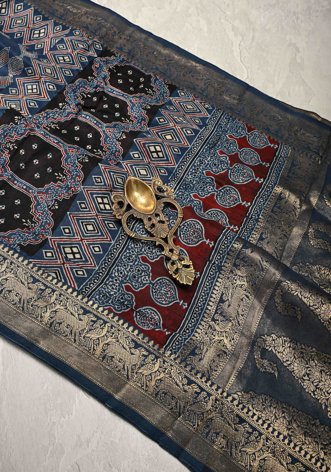 Indigo Ajrakh Hand Block Print on Dola Silk Saree with Fancy Zari Border