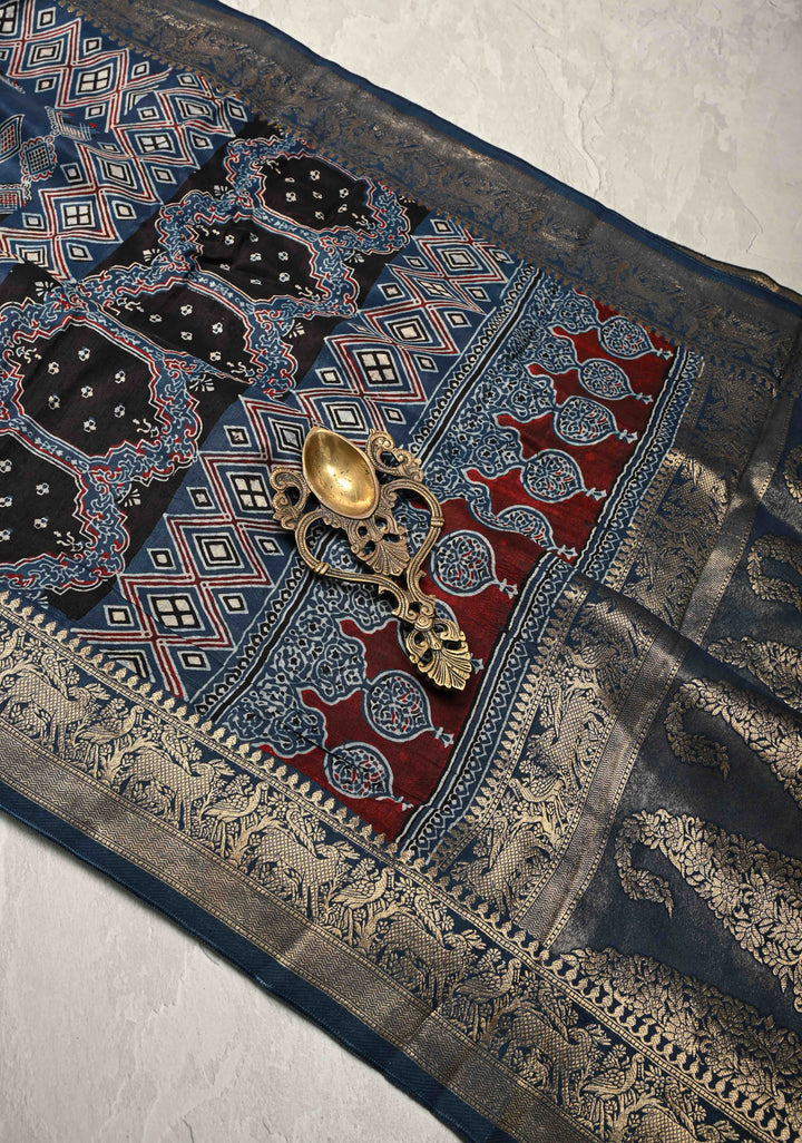 Indigo Ajrakh Hand Block Print on Dola Silk Saree with Fancy Zari Border