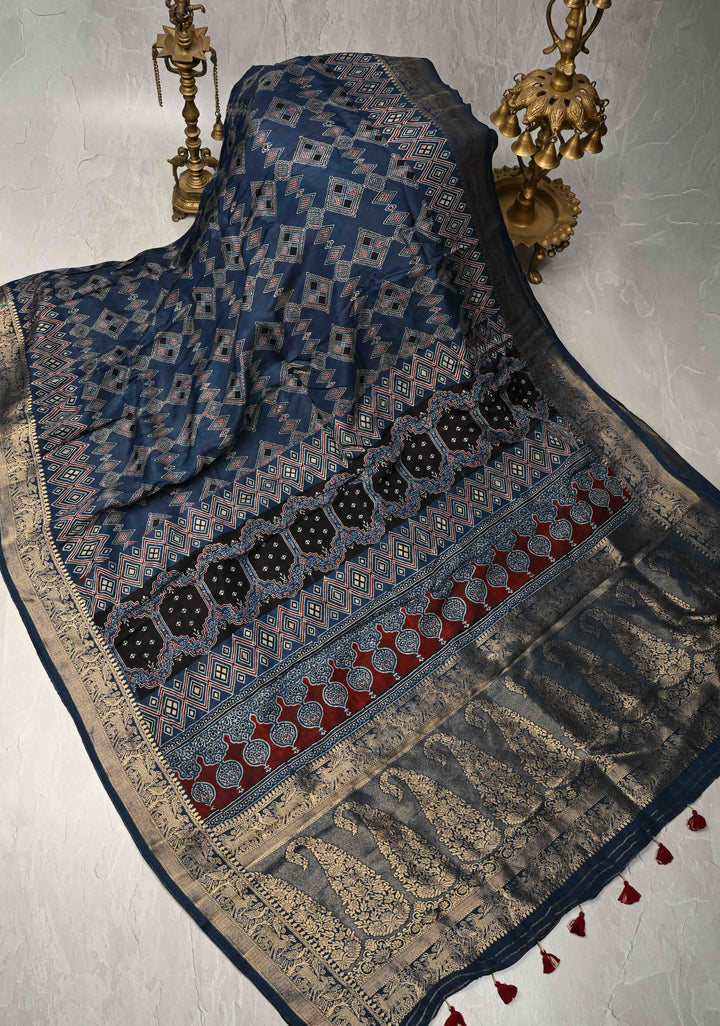 Indigo Ajrakh Hand Block Print on Dola Silk Saree with Fancy Zari Border